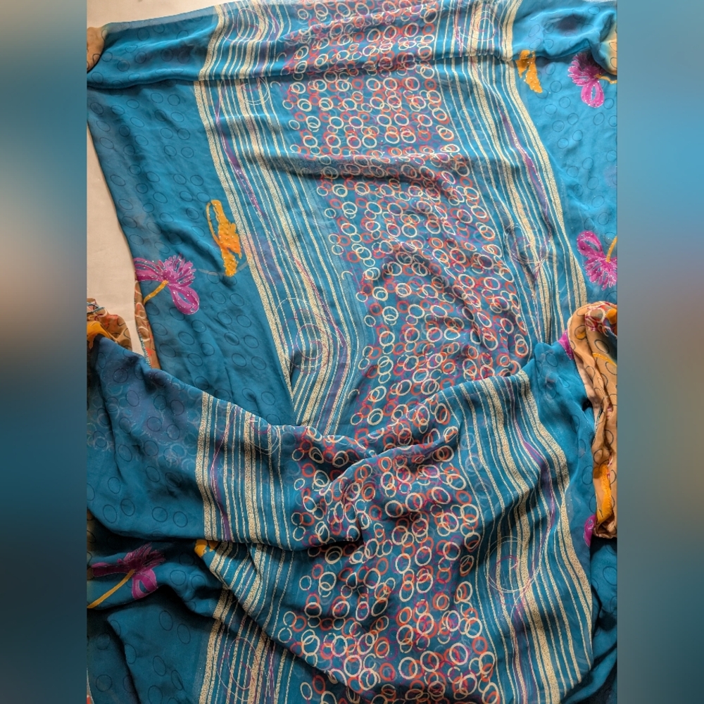 Silk Crepe Saree Hand Stitched Indie Colors 5.8 Yards